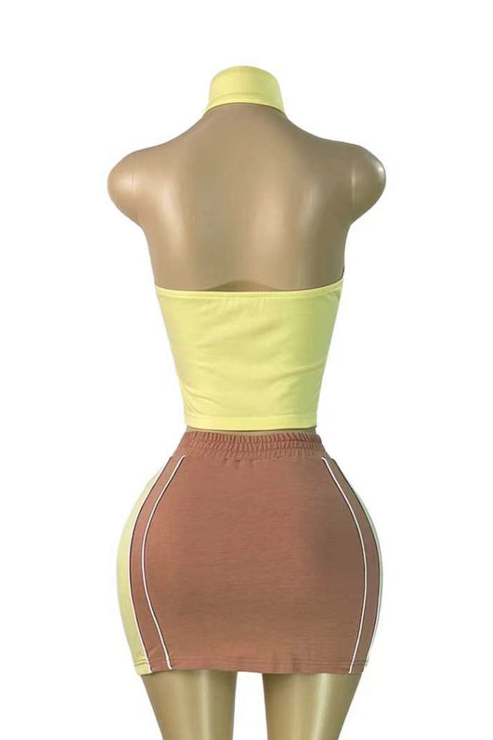 Colorblock Halter Zip Skirt Set