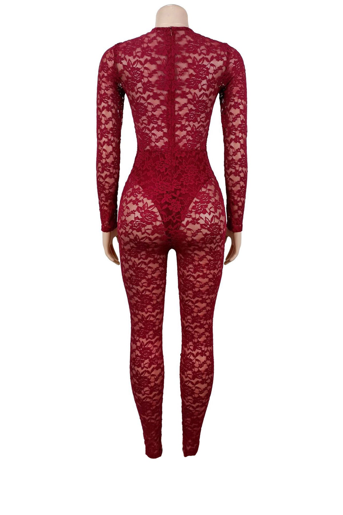 Sheer Lace Long-Sleeve Cutout Jumpsuit
