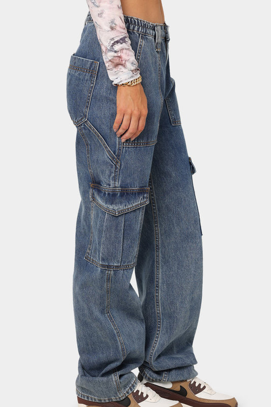High Waist Street Loose Cargo Pockets Jeans
