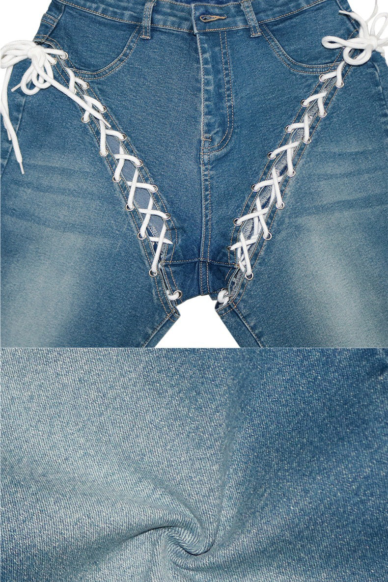 High-Rise Front & Back Lace-Up Cutout Jeans