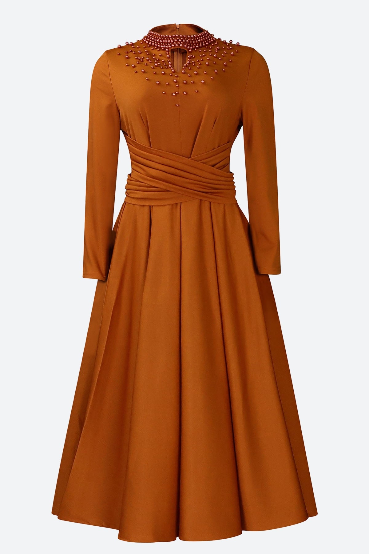 High Collar Elegant Beaded Large Swing Dress