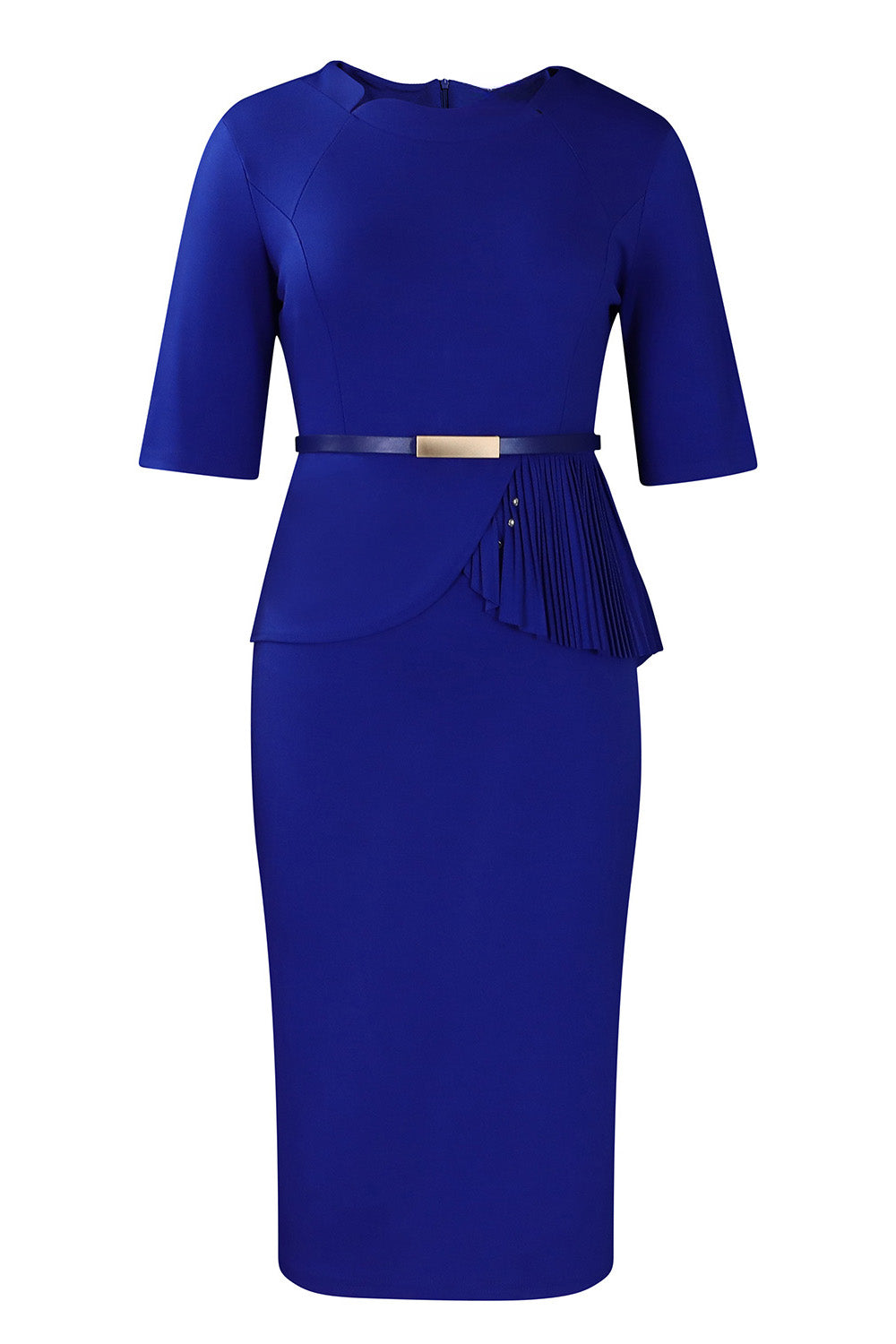 Solid Short Sleeves Knee Length Peplum Dress
