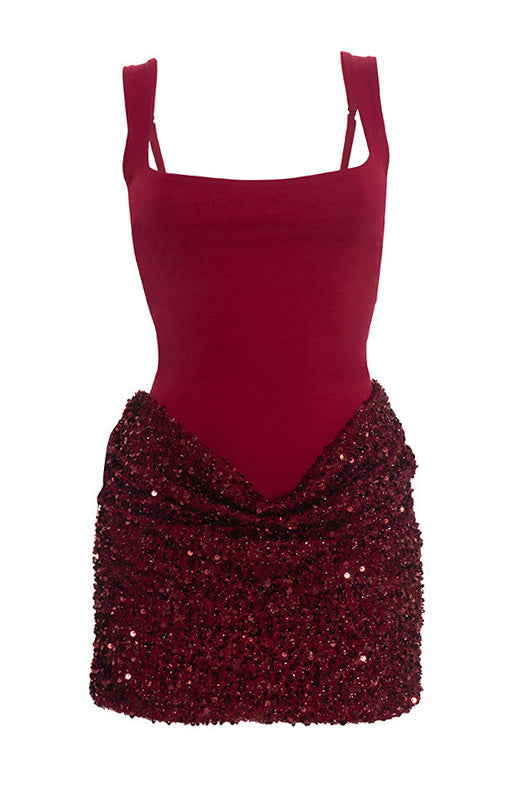Square Neck Sequin Drape Mini Dress