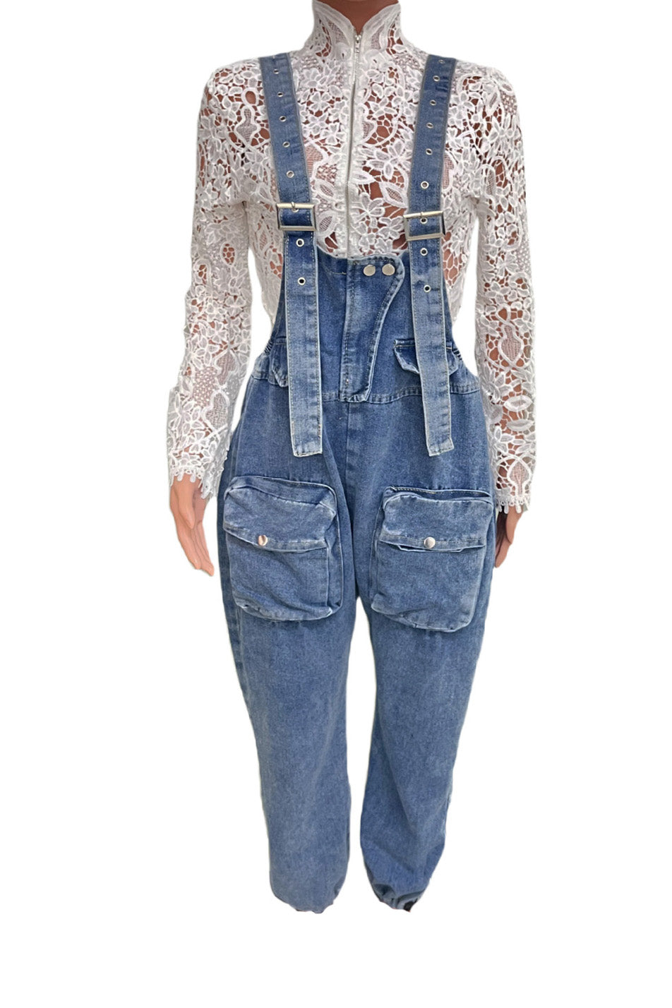 Denim Drawstring Wide Leg Overall Jumpsuit