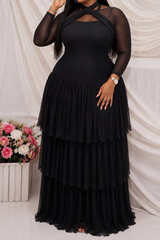 Plus Size Sheer Tiered Mesh Maxi Dress