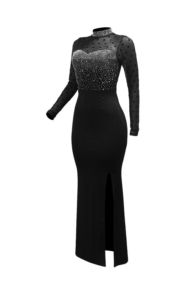 Rhinestone Mesh Sleeve Mermaid Maxi Dress