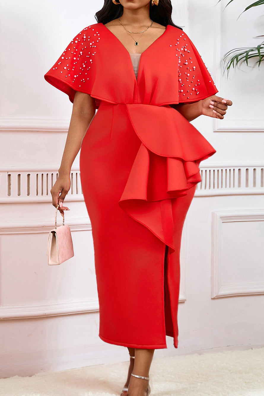 Beaded Ruffled Split Party Dress