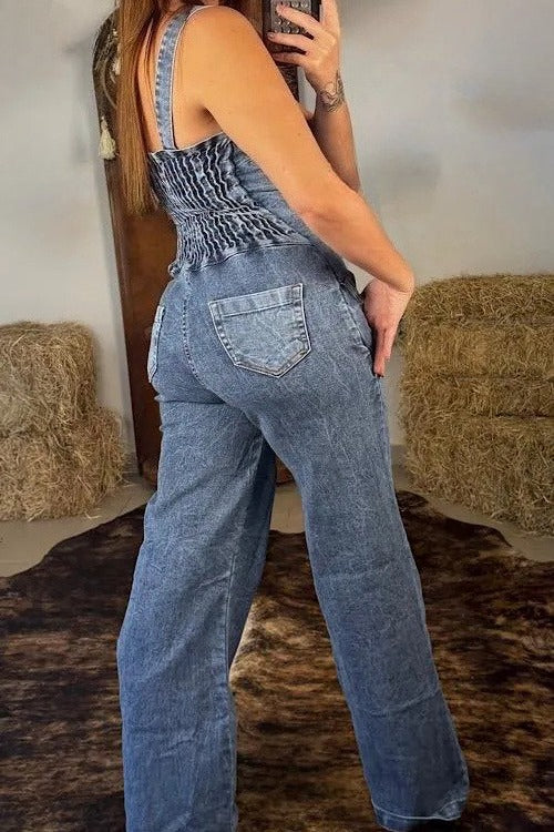 Button-Front Wide Leg Denim Jumpsuit