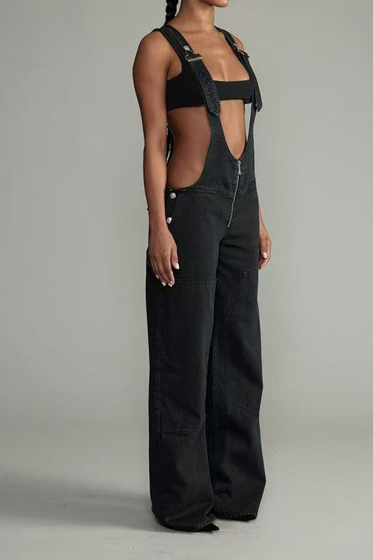 Vintage Wash Wide Leg Denim Overalls