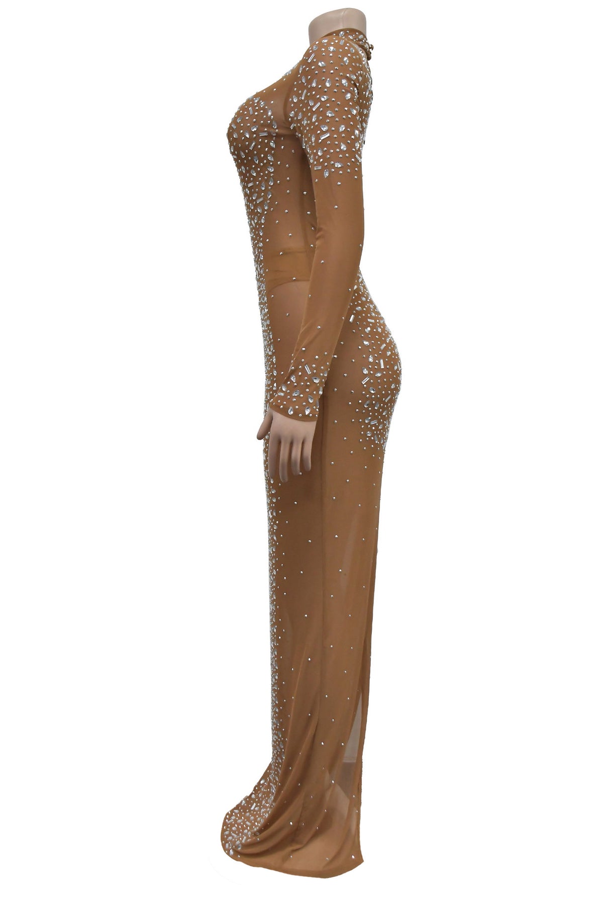 Mesh Rhinestone Long Sleeve Maxi Dress