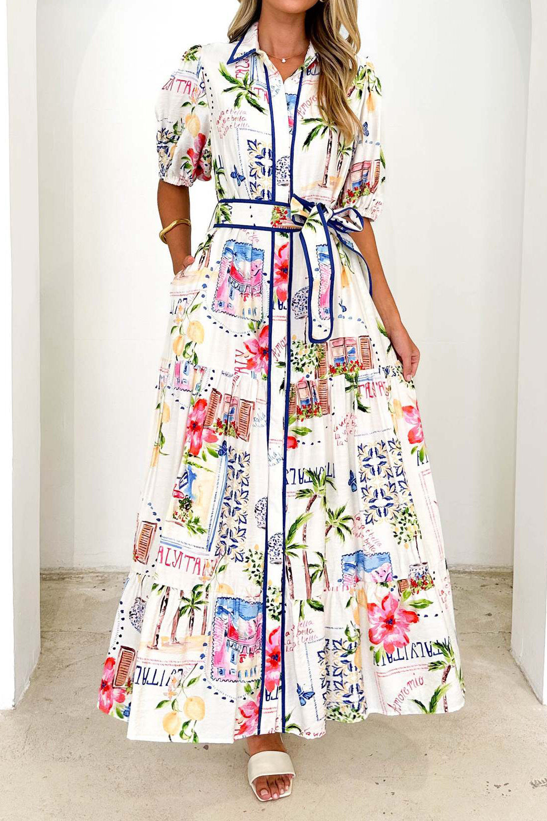 Short Sleeve Cotton Linen Flower Print Dress