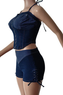 Fashion Straps Denim Set - Casual Shorts