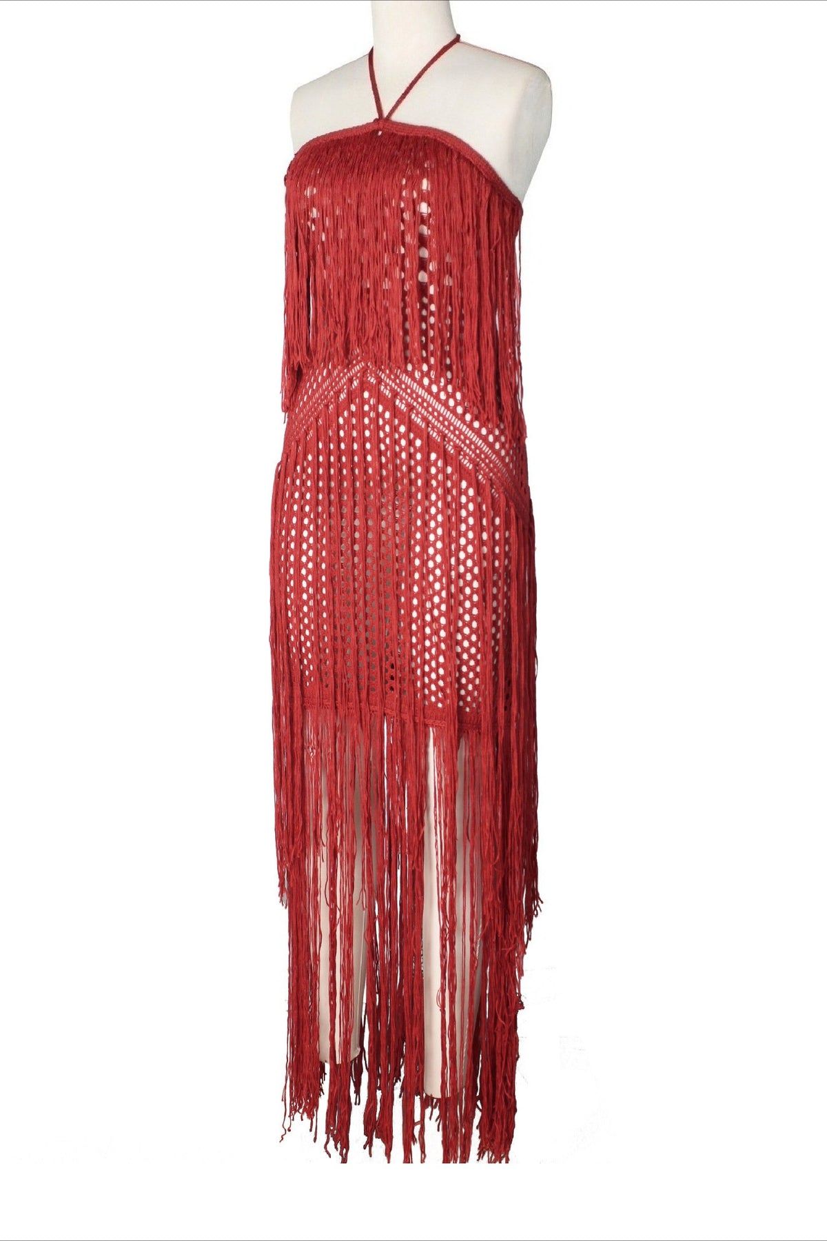 Crochet Halter Fringe Maxi Dress