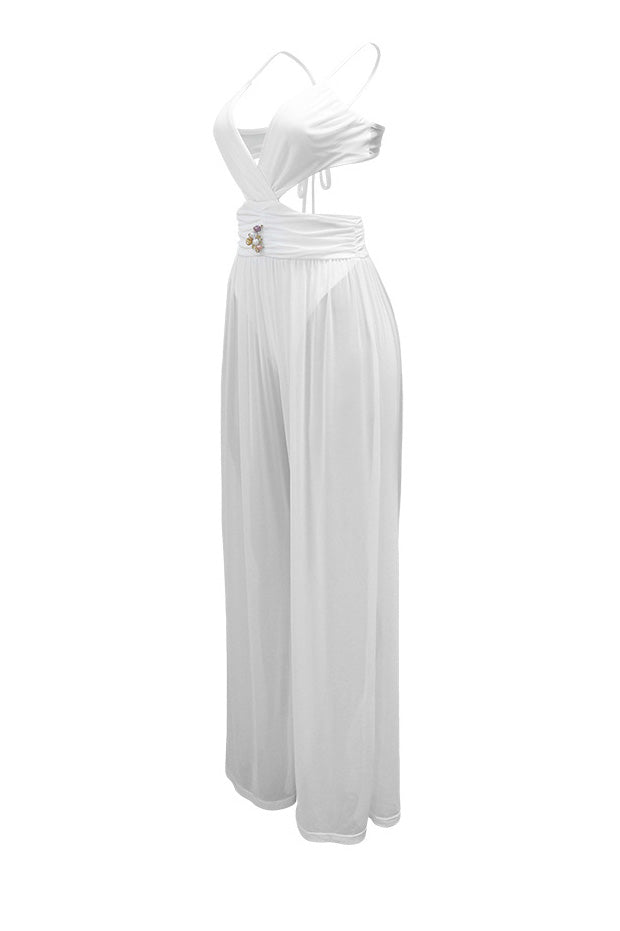 V-Neck Backless Sheer Jumpsuit