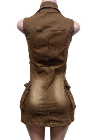 Sleeveless Cargo Denim Mini Dress