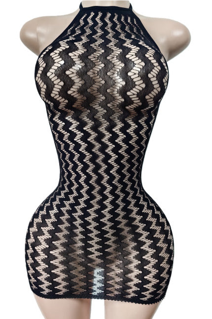 Sheer Zig-Zag Halter Bodycon Mini Dress