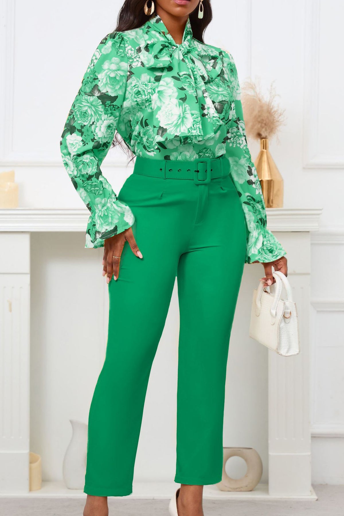 Floral Printing Blouse Solid Color Pants Set