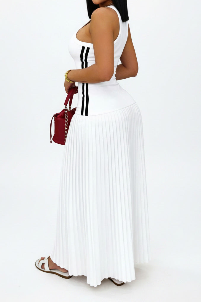 Sporty Contrast-Stripe Pleated Maxi Dress