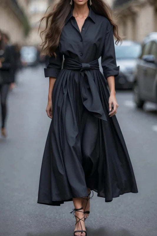 Button Up Bow Waist Long Sleeve Maxi Dress