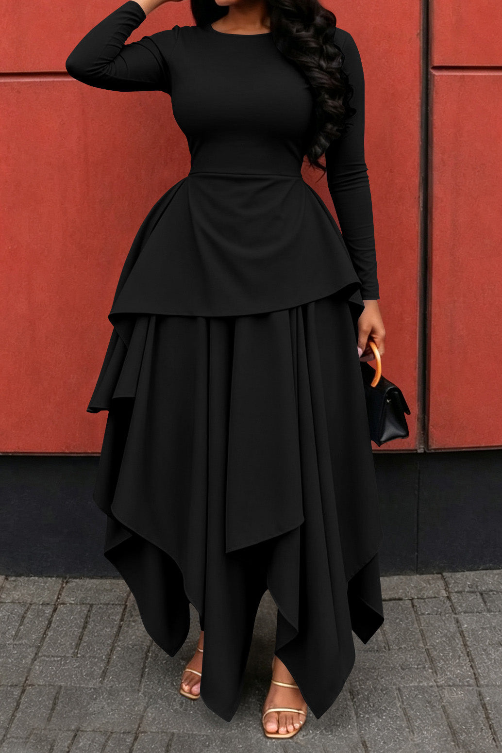 Long-Sleeve Ruffle Hem High-Low Dress