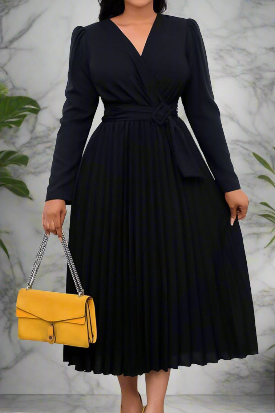 V Neck Long Sleeve Pleated Midi Dress