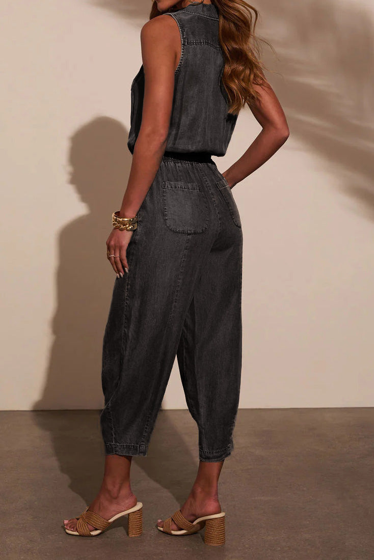 Sleeveless Drawstring Denim Utility Jumpsuit