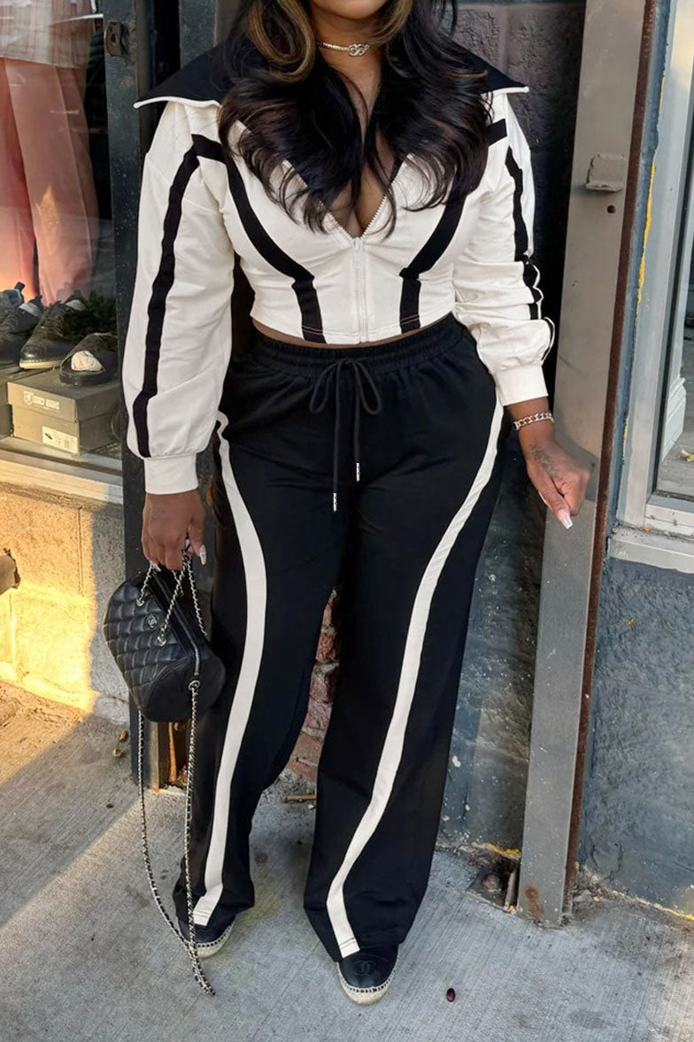 Contrast-Stripe Zip Jacket & Wide-Leg Pants Set