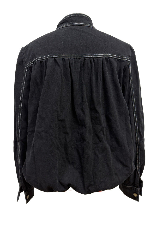 Puff-Sleeve Stand-Collar Denim Jacket