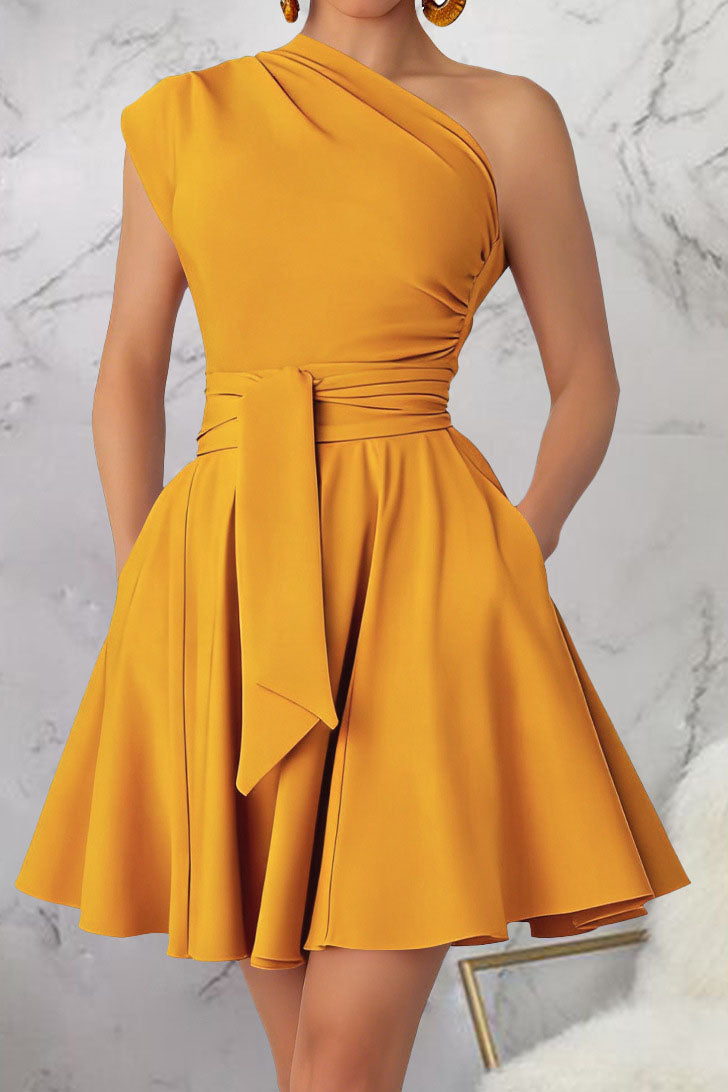 One-Shoulder Tie-Waist Pleated Mini Dress