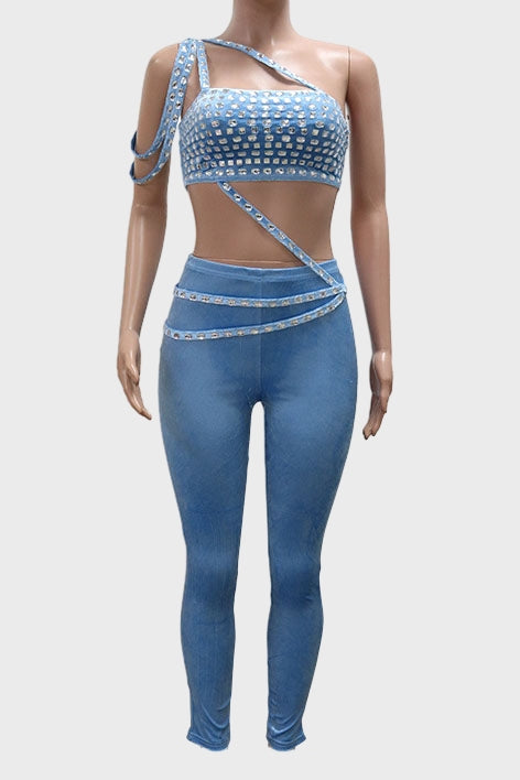 Rhinestone One Shoulder Crop Top Pants Set