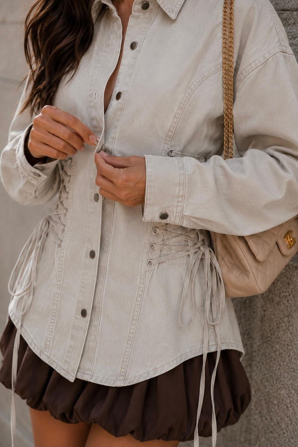 Lace-Up Waist Denim Shirt