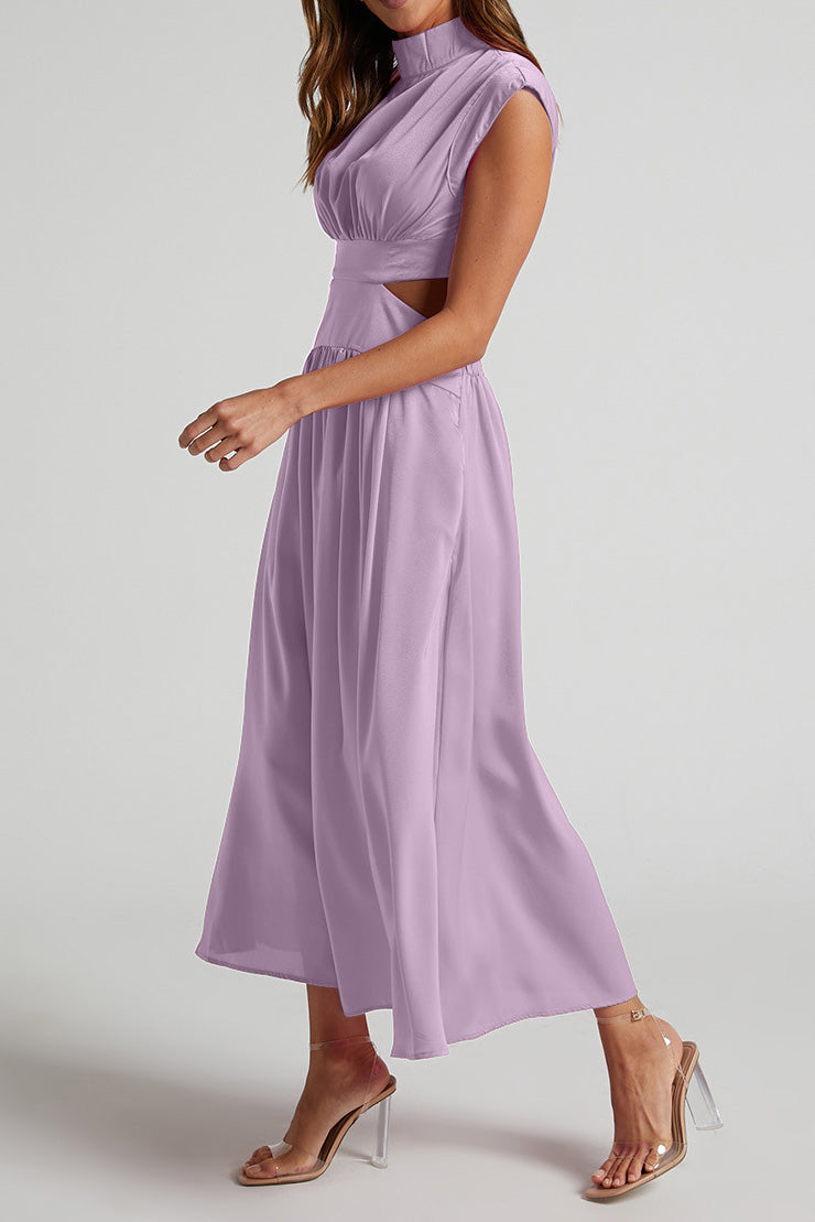 Mock Neck Cut Out Pleated Maxi Dress