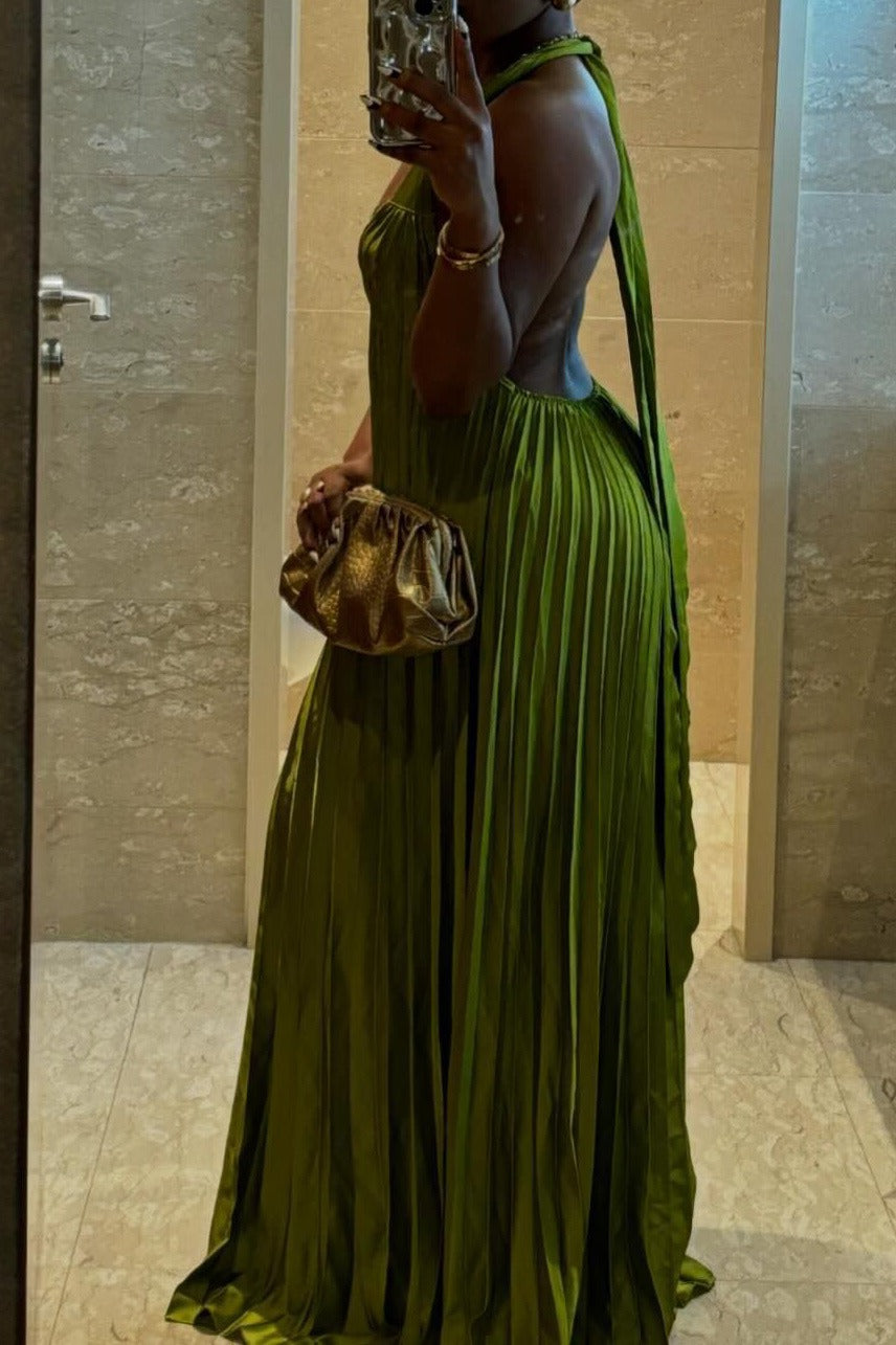 Pleated Halter Plunge Maxi Dress