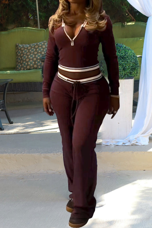 Half Zip Collar Top and Drawstring Pants Set