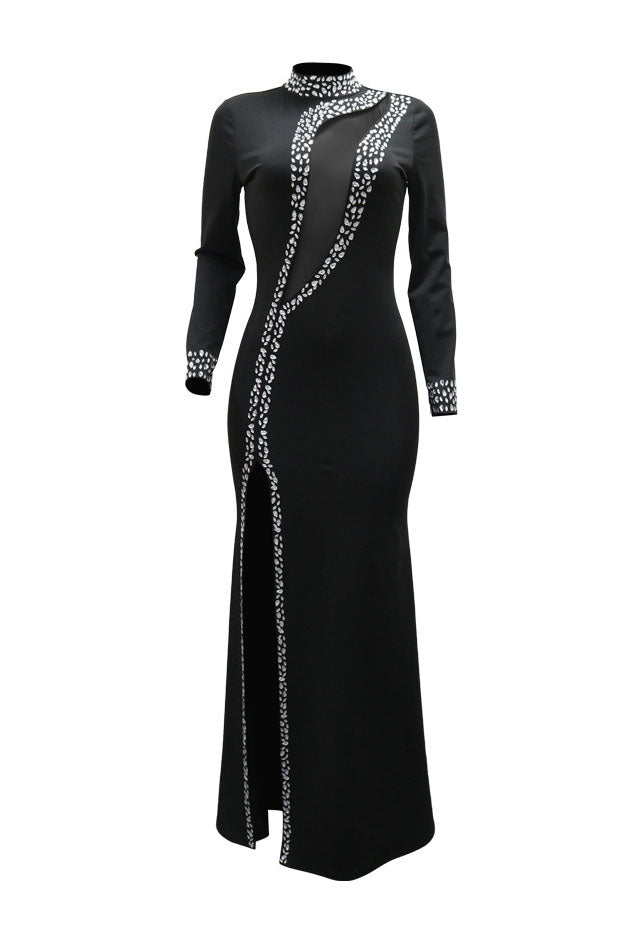 Rhinestone Embellished Mesh Illusion High Slit Maxi Dress