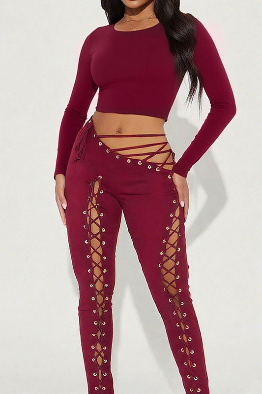 Long Sleeve Crop Top and Lace-Up Pants Set