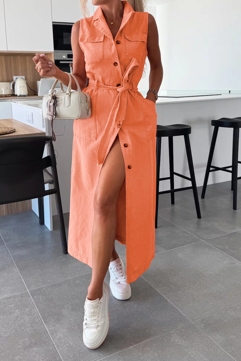 Sleeveless Belted Utility Maxi Shirt Dress