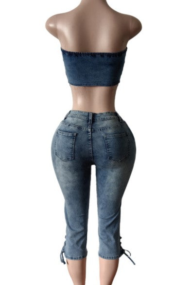Denim Corset Top Lace-Up & Mid-Thigh Shorts Set