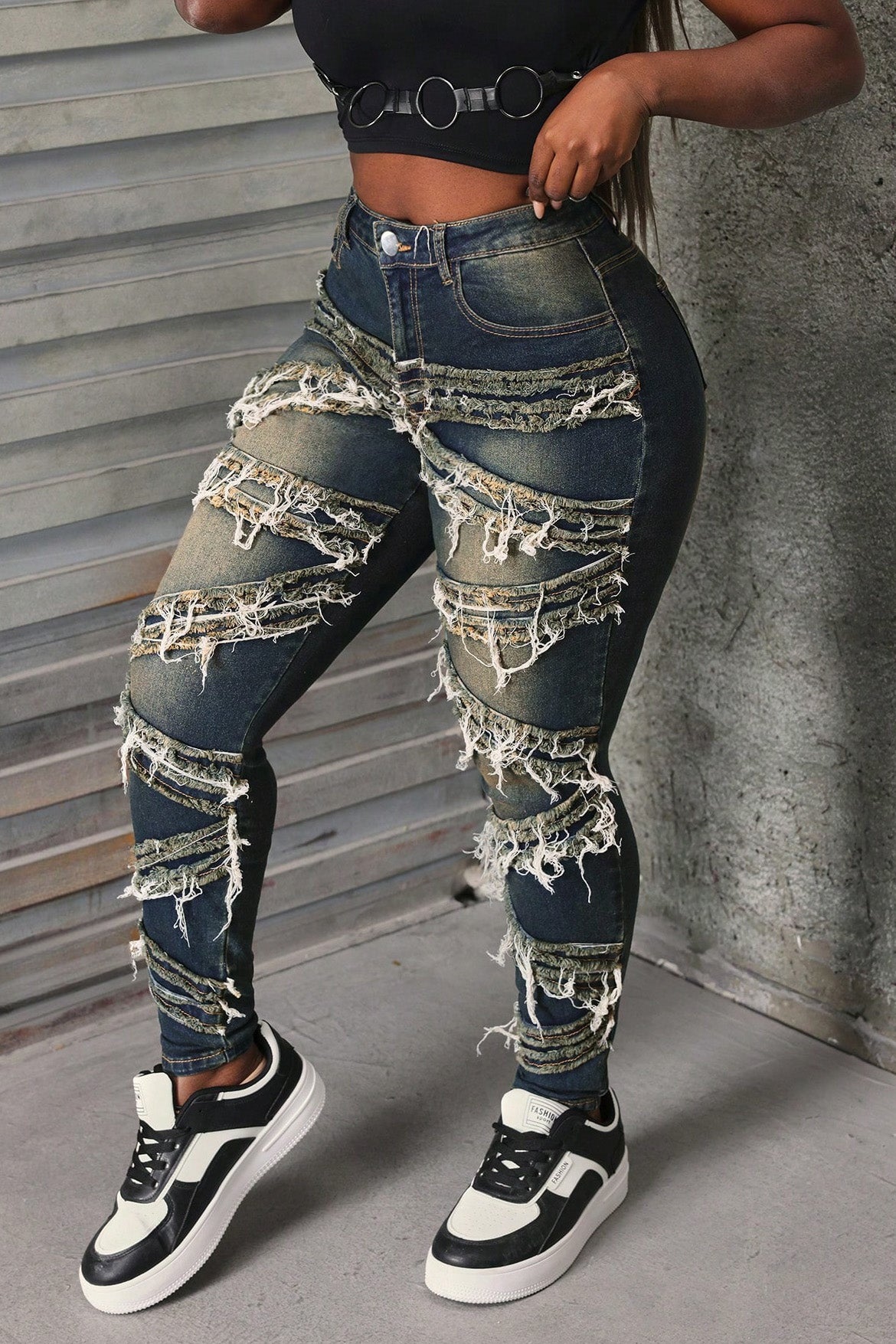 Whiskered Stretch Patch Skinny Jeans