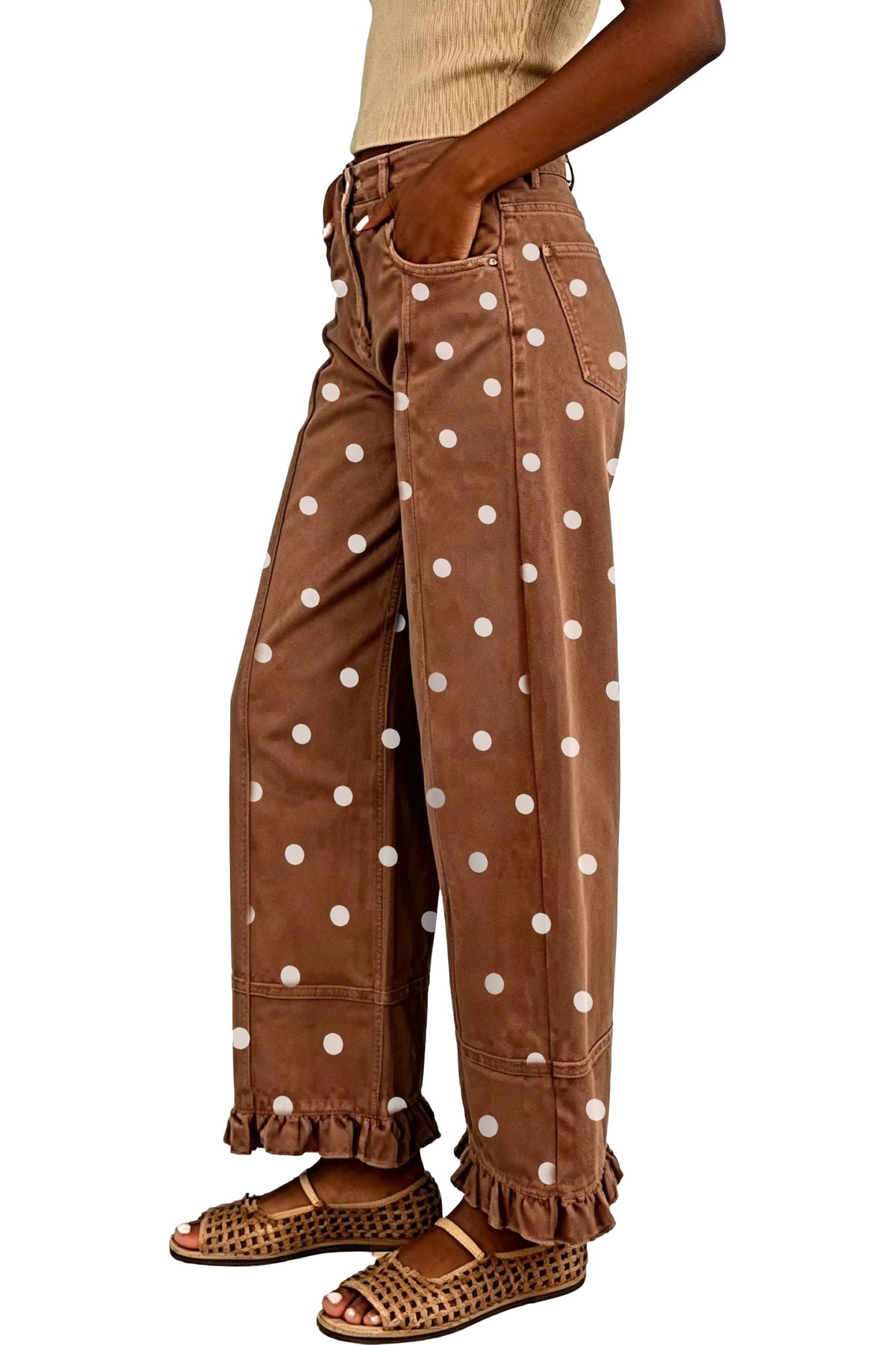 Polka Dot Wide Leg Jeans with Ruffle Hem