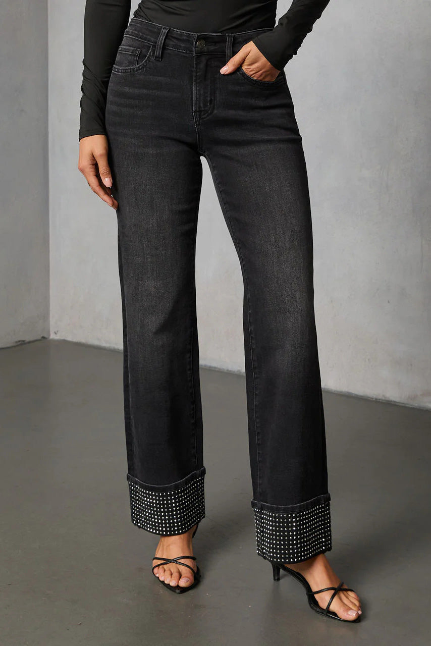 Washed Rhinestone Straight Leg Jeans