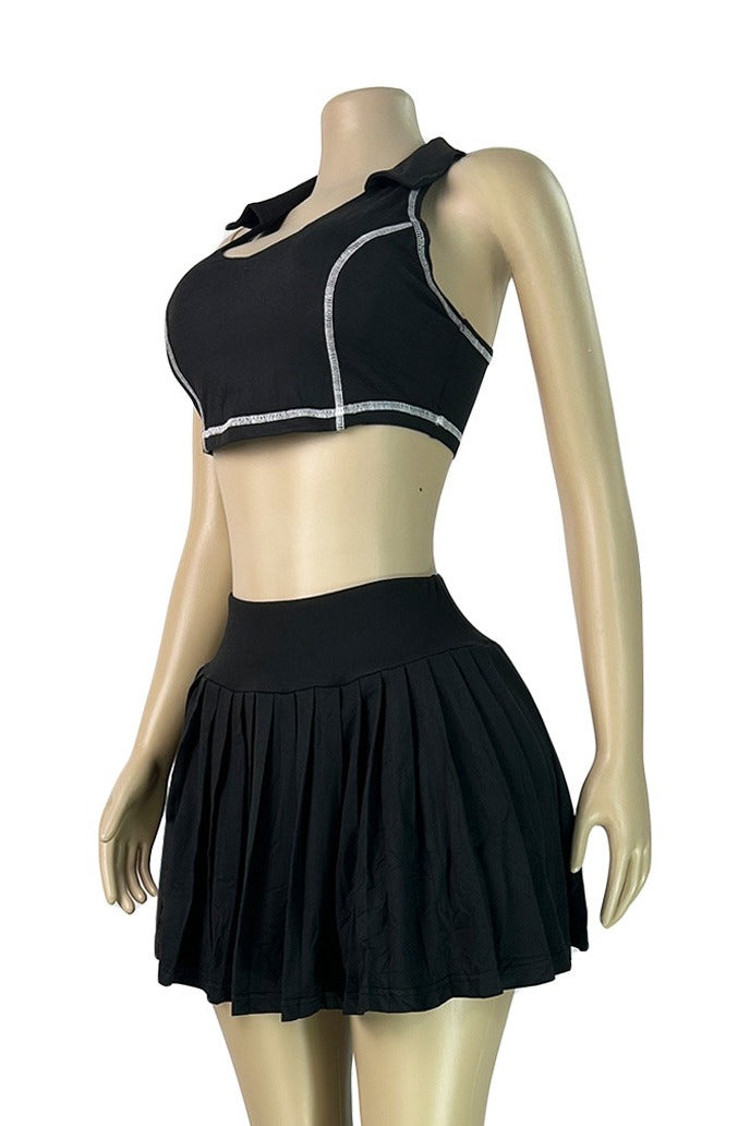 Contrast Stitch Collared Crop Top & Pleated Mini Skirt Set