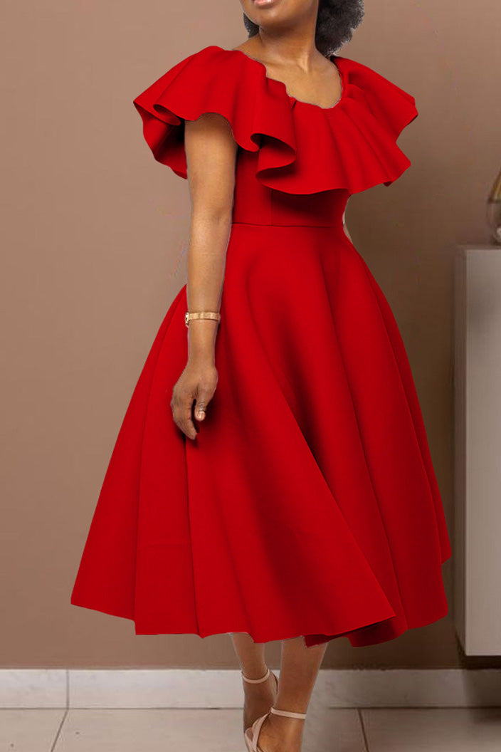 Ruffle Trim Short Sleeve A Line Dress