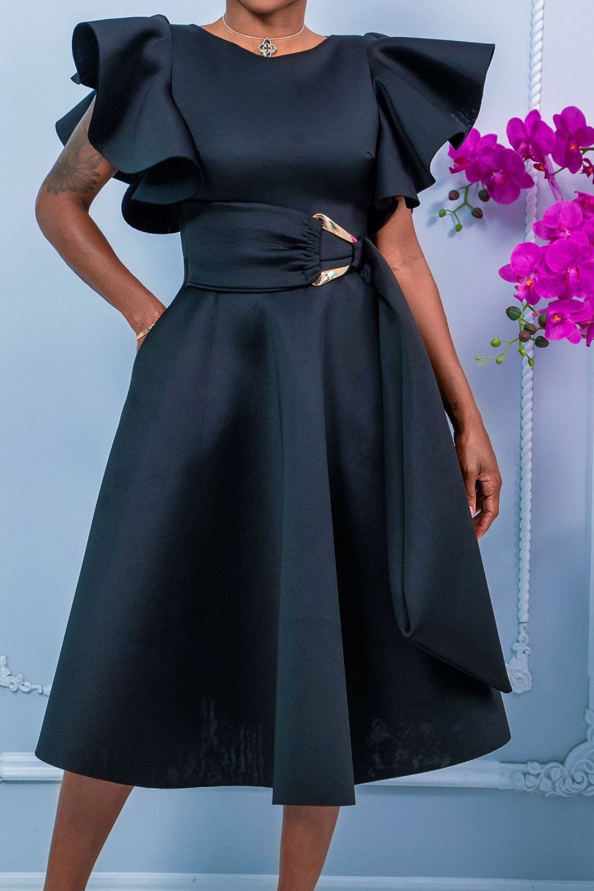 Elegant Ruffle Sleeve Belted Midi Dress