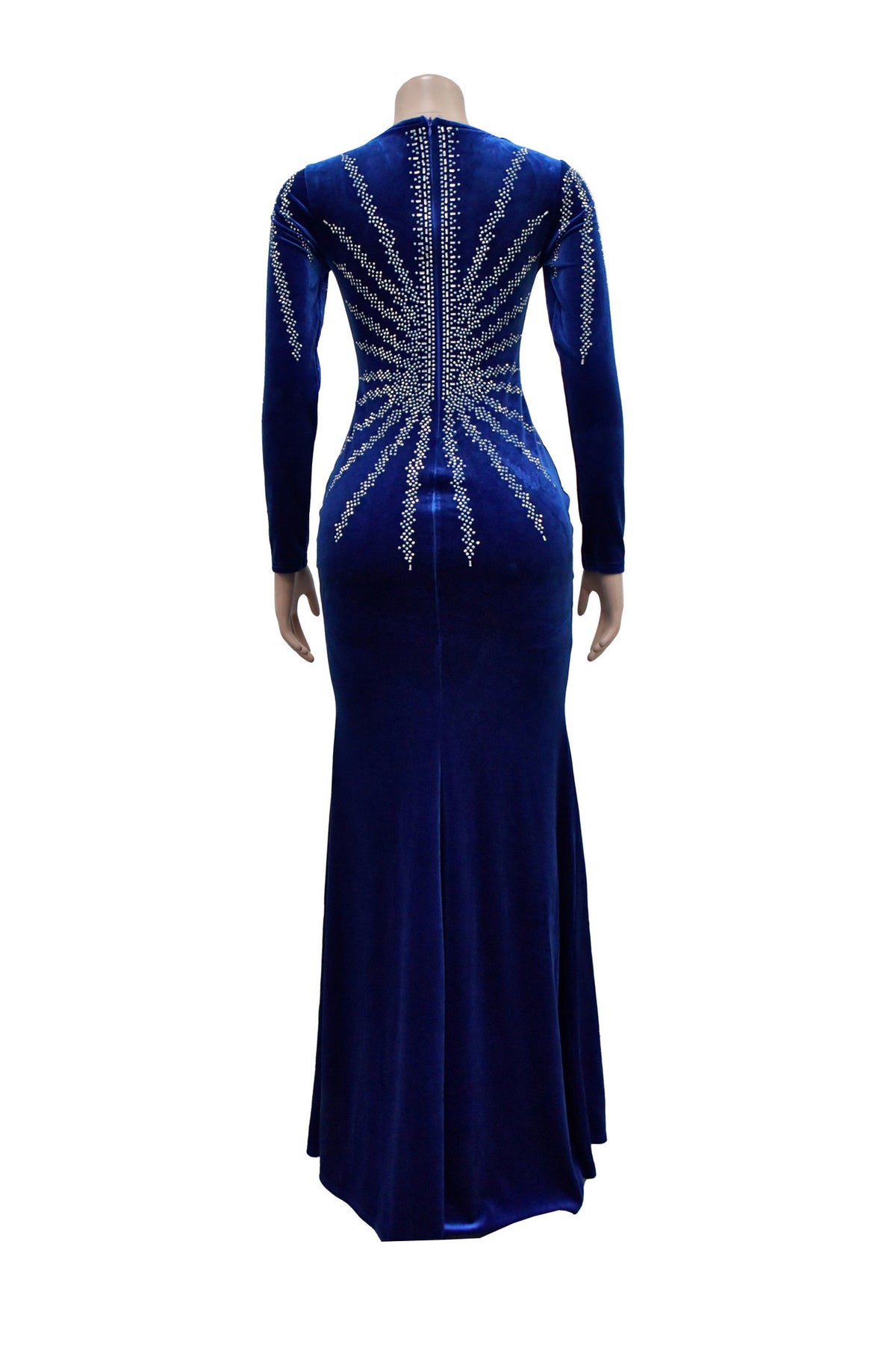 Rhinestone Plunge Illusion Velvet Maxi Dress