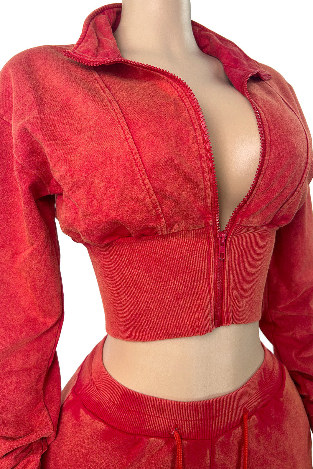 Washed Cropped Zip Jacket Wide Leg Pants Set
