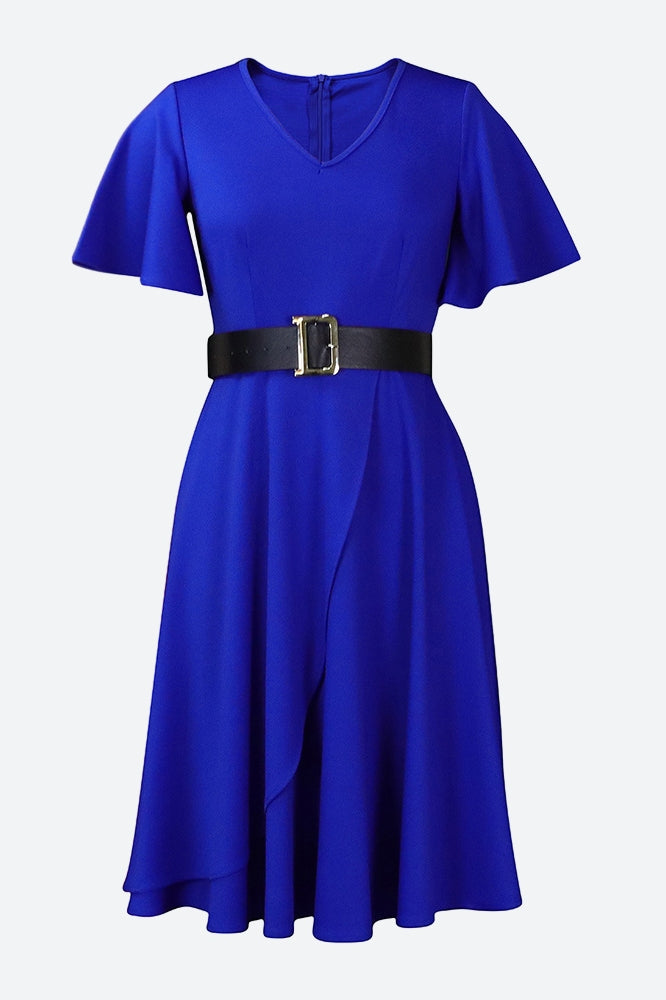 Bell Sleeve Solid Color Belt Dress