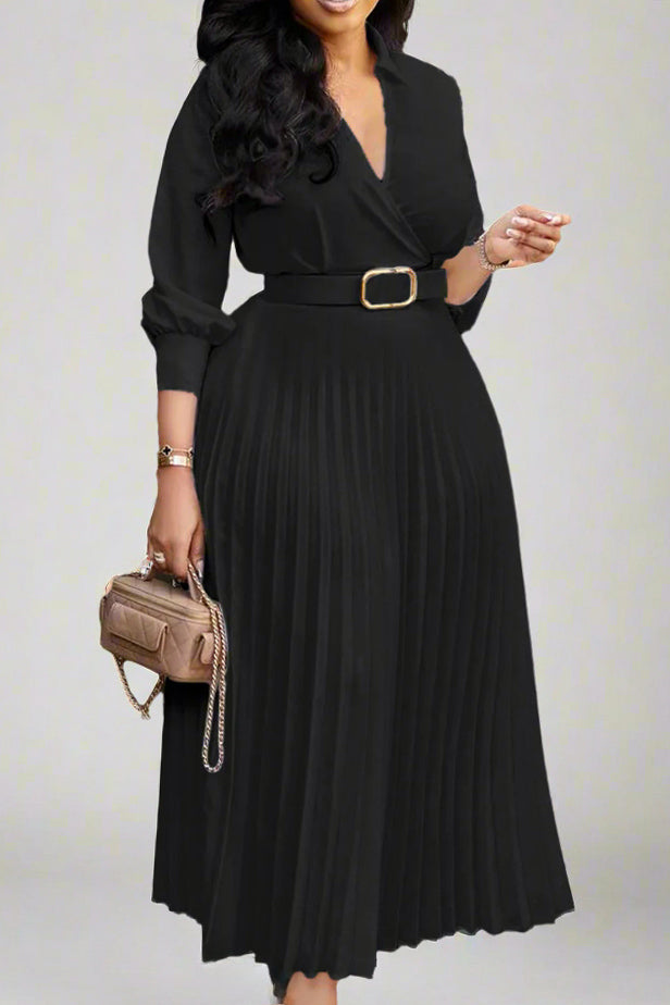 Solid Color Cinched Waist Pleated Long Dress