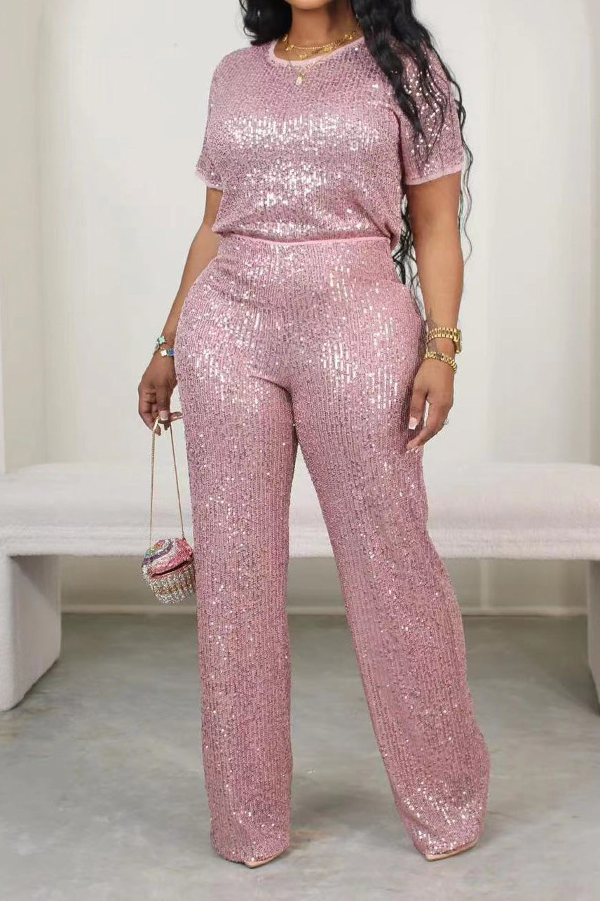 Sequin Solid 2-Piece Set - Tee & Pants