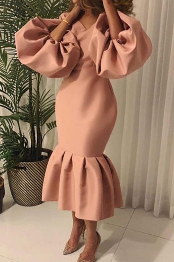 Plus Size Solid Color Puff Sleeve Flounce Dress